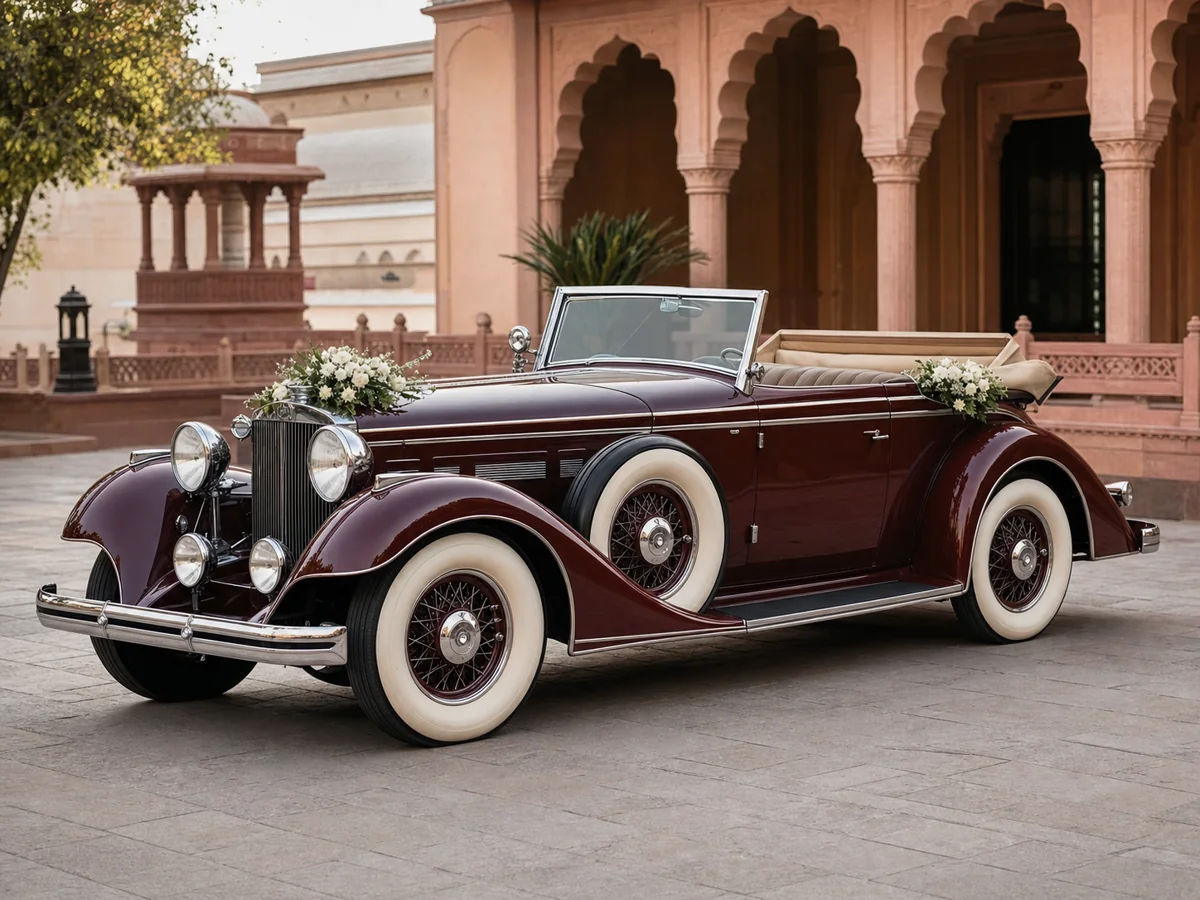 Burgundy open-top vintage wedding car at a heritage venue